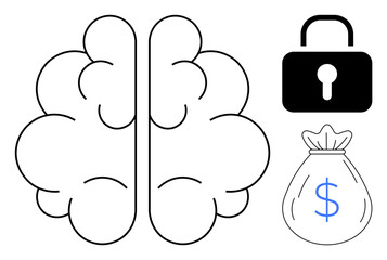Brain illustration with locked padlock and dollar bag symbolizing intellectual property, financial security, and smart investments. Ideal for finance, innovation, data protection, and strategic