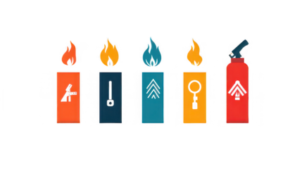 Fire safety equipment icons showing extinguisher and various fire suppression methods