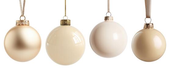 Four elegant cream and white Christmas baubles isolated on transparent background