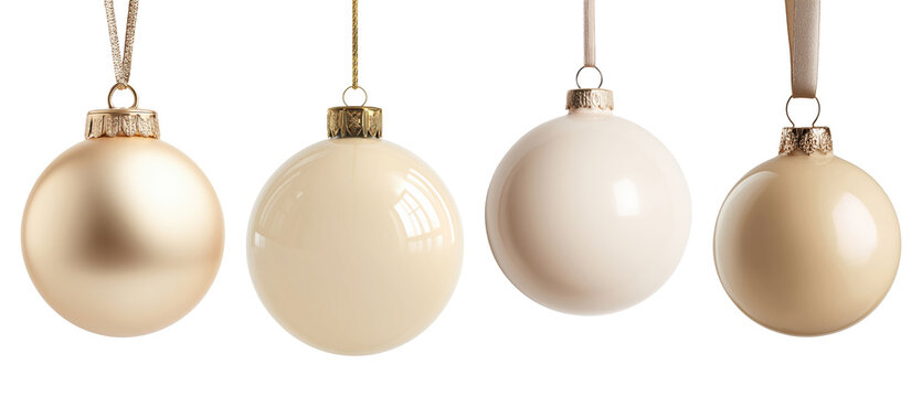 Four elegant cream and white Christmas baubles isolated on transparent background