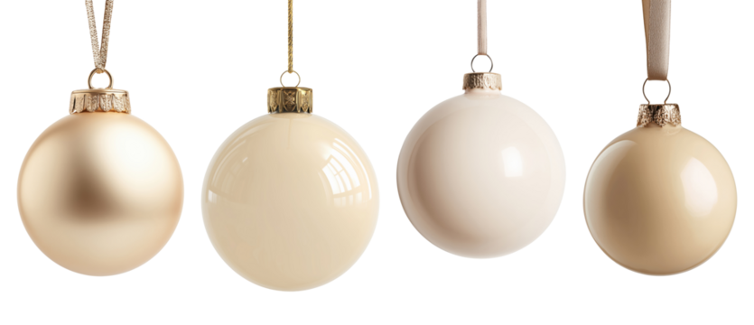 Four elegant cream and white Christmas baubles isolated on transparent background