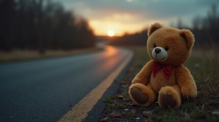 Abandoned teddy bear on roadside at dusk with one eye missing, poignant loneliness, soft fading light, symbol of loss, quiet narrative scene
