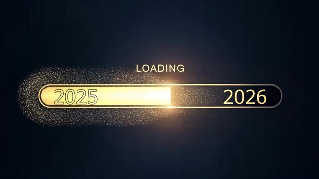 Loading bar transitioning from 2025 to 2026 with sparkles