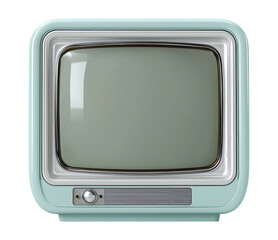 Retro blue television set with curved screen and knobs, isolated on transparent background