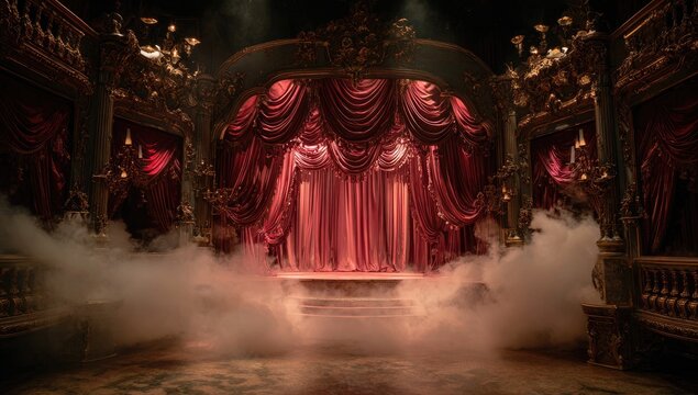 Ornate opera house stage, with red curtains, ornate gold trimmings, and smoke
