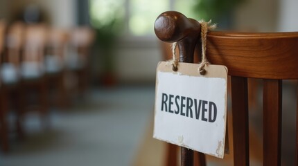 Elder’s walking cane hung on chair with reserved seat sign, quiet respect gesture, warm ambient light, tidy ceremonial setting, neutral classic palette