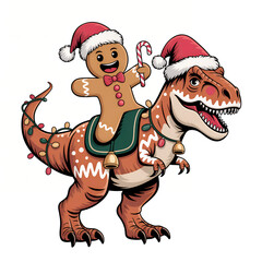 Lustiges Weihnachtsdesign: Lebkuchenmann reitet Dino mit Mütze
