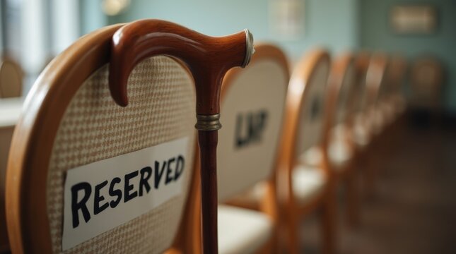 Elder’s walking cane hung on chair with reserved seat sign, quiet respect gesture, warm ambient light, tidy ceremonial setting, neutral classic palette