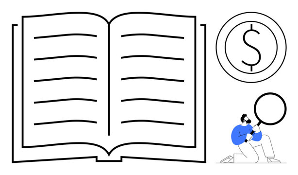 Open book with simple lines, man holding magnifying glass examining details, and dollar sign icon representing analysis, education, research, finance, knowledge, discovery and learning. Ideal