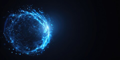 Obraz premium Abstract illustration featuring a glowing blue sphere of interconnected lines against a dark background