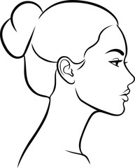 This elegant line art illustration features a profile view of a woman with her hair styled in a neat bun.