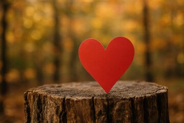A vibrant red heart shape rests upon a weathered tree stump, illuminated by the soft, diffused light of a blurred autumnal forest background, creating a romantic and serene nature scene.