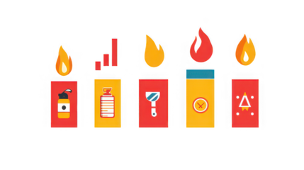 Fire safety equipment icons in a row showing extinguisher and other fire tools
