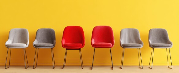 The Chairs Red Accent Between Gray Seats Against a Bright Yellow Wall in Minimal Interior