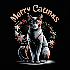 Merry Catmas – Weihnachtliche Katze mit Sternenkranz
