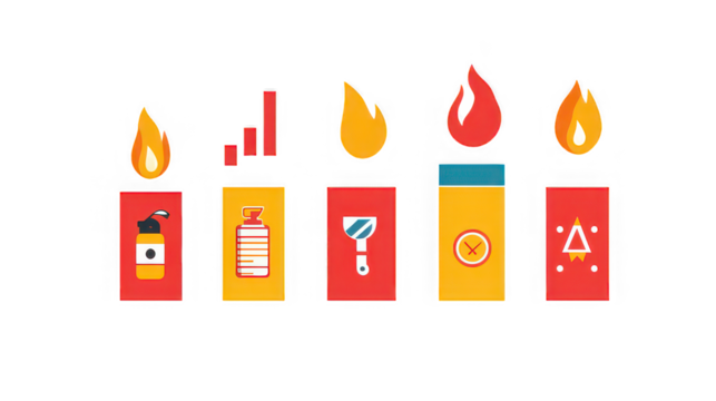 Fire safety equipment icons in a row showing extinguisher and other fire tools