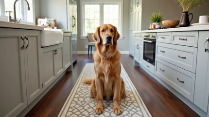Modern kitchen island with golden retriever sitting on patterned runner, bright daylight, clean lines, stainless accents, friendly pet-friendly home vibe