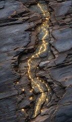 Serpentine Fissure Reveals Glowing Gold Within Dark, Textured Rocky Landscape