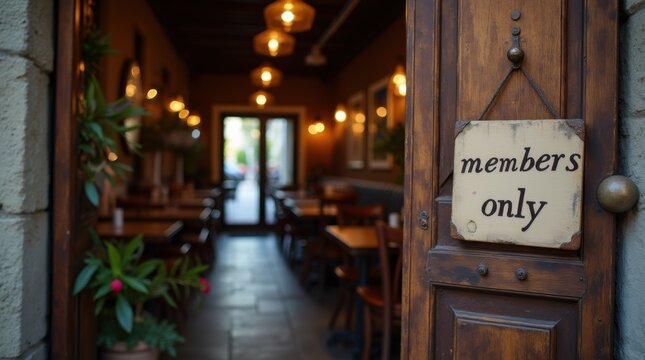 Restaurant doorway with members only sign and open seating inside, exclusion signal, gatekeeping atmosphere, candid street detail