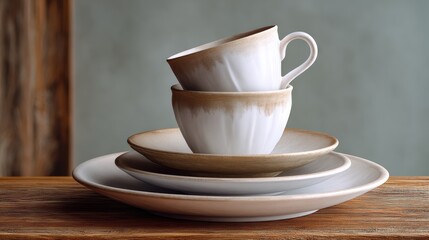 Fototapeta premium A stack of elegant ceramic dishes and cups on a wooden table, featuring a minimalist design with soft colors and a rustic background