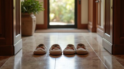 Shoes left neatly at entrance with polished floor and guest slippers aligned, cultural respect and cleanliness, calm orderly foyer