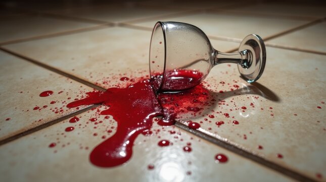 Shattered wine glass on tiled floor with red spill spreading, sudden rupture moment, high contrast detail, sharp fragments, tense cinematic mood