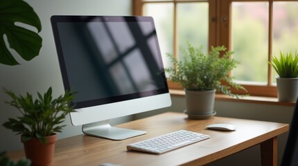 Standing desk scene with wireless keyboard monitor leafy plant and bright daylight, clean modern workspace, ergonomic setup, fresh minimal aesthetic