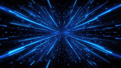 Fototapeta premium Abstract blue light streaks converging toward a central point in a dark space