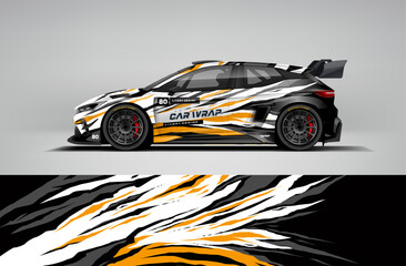 Editable vector EPS car wrap featuring orange, white, and black brush stroke claw graphics. Aggressive modern racing livery design for motorsport and drift cars. © Wrapin