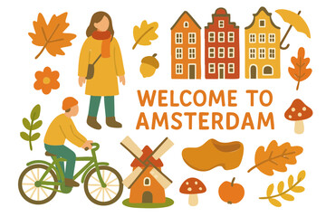 Flat Design Autumn Amsterdam Travel Icon Set