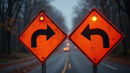 Street detour signs pointing opposite directions with blinking barricade lights, conflicting guidance, chaotic urban detail, night safety scene