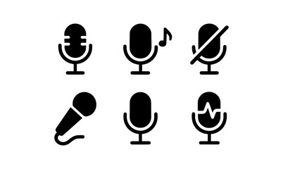 Microphone icon set: music, recording, podcast, mute, sound wave symbols in black