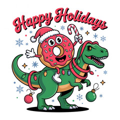 Funny Donut Riding Dinosaur - Happy Holidays
