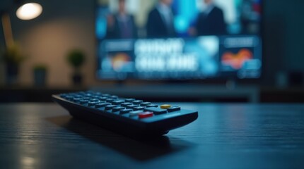 TV news ticker reversed text with remote on table and frozen frame, media distortion concept, dissonant information, dim living room light