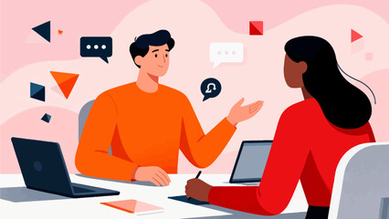 Two people having a conversation at a desk