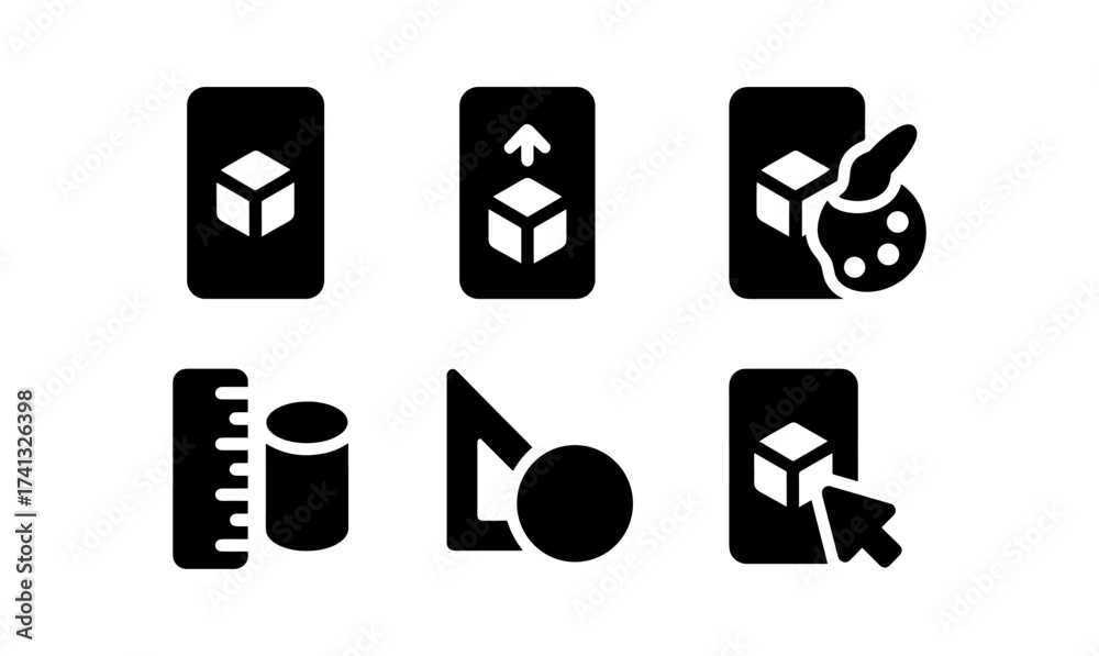 Wall mural 3d design icons set: tools for modeling, editing, and rendering in silhouette style