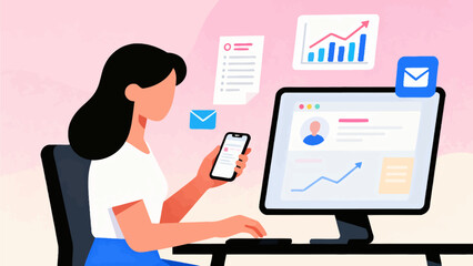 Woman using phone and computer at desk