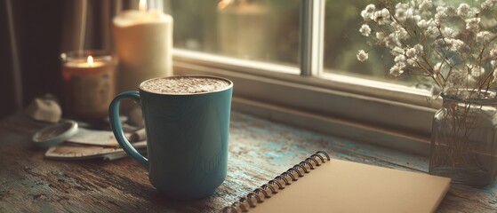 The Blue Mug by the Window Creating Cozy Morning Ritual on Rustic Desk