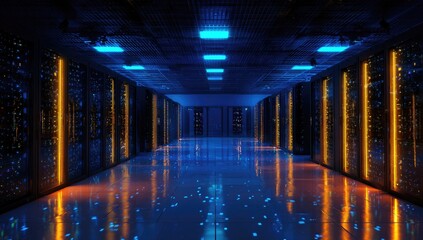 A perspective view of a modern data center with server racks lit by orange & blue lights