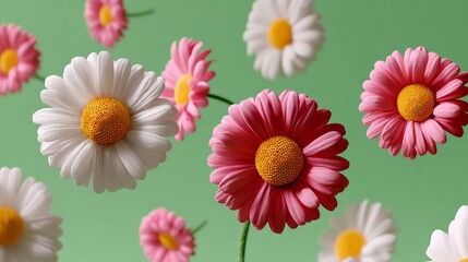 A vibrant arrangement of pink and white daisies with yellow centers against a green background