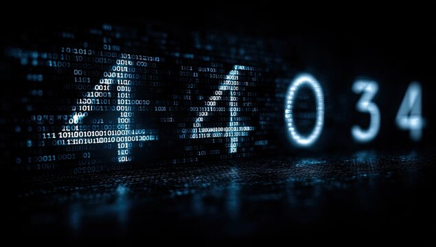 Abstract digital display with binary code patterns and illuminated numbers
