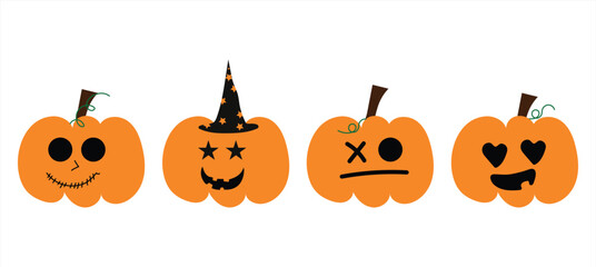 Halloween pumpkin faces set | cute jack o lantern vector collection with funny expressions and witch hat