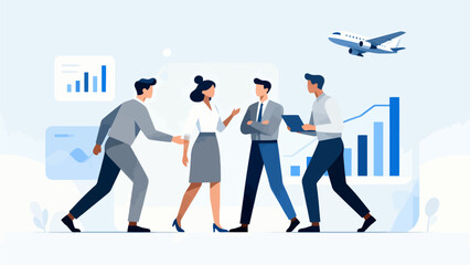 Business team walking with charts and airplane