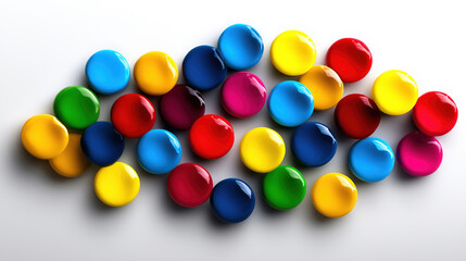 Colorful round objects scattered on a bright surface