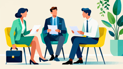 Three people in business attire reviewing documents