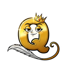 3d icon of golden letter q character with a crown and a feather, isolated on transparent background