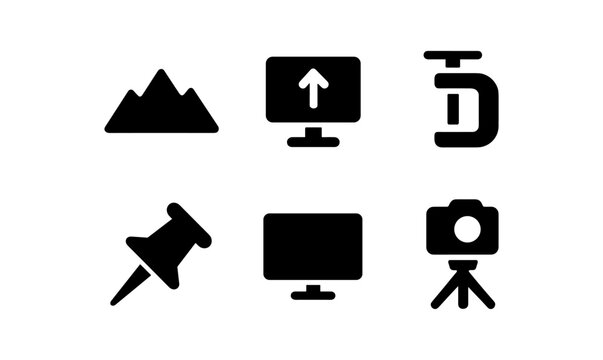 Black silhouette icons: camera, computer, mountain, pin, clamp