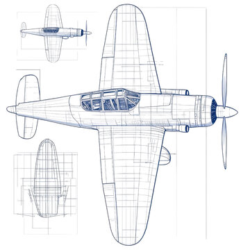 AI Image A meticulously crafted technical illustration showcasing a vintage aircraft blueprint