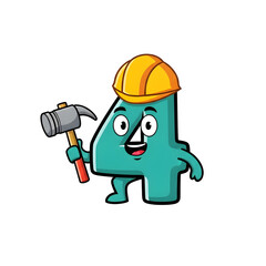 3d icon of a teal cartoon character number 4 wearing a yellow hard hat and holding a hammer, isolated on transparent background