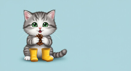Obraz premium Cartoon Gray Tabby Kitten in Yellow Rain Boots Holding Pine Cone on Blue Background